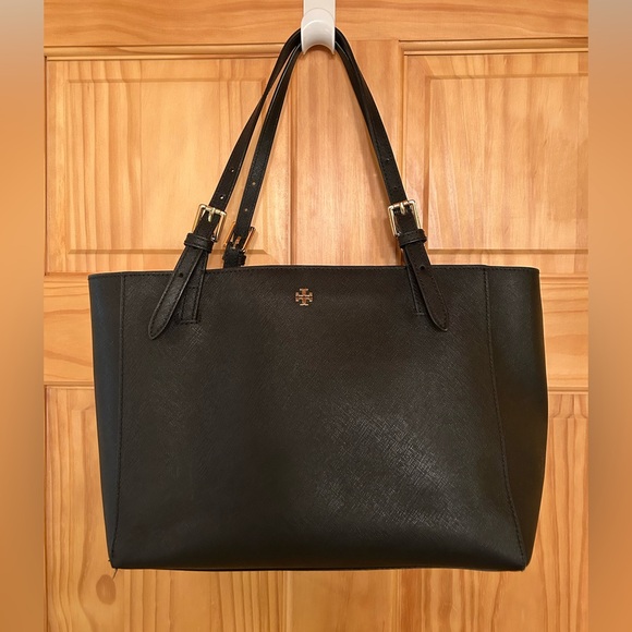 Tory Burch Handbags - Tory Burch Black Leather Double-Handle Tote with Gold Logo